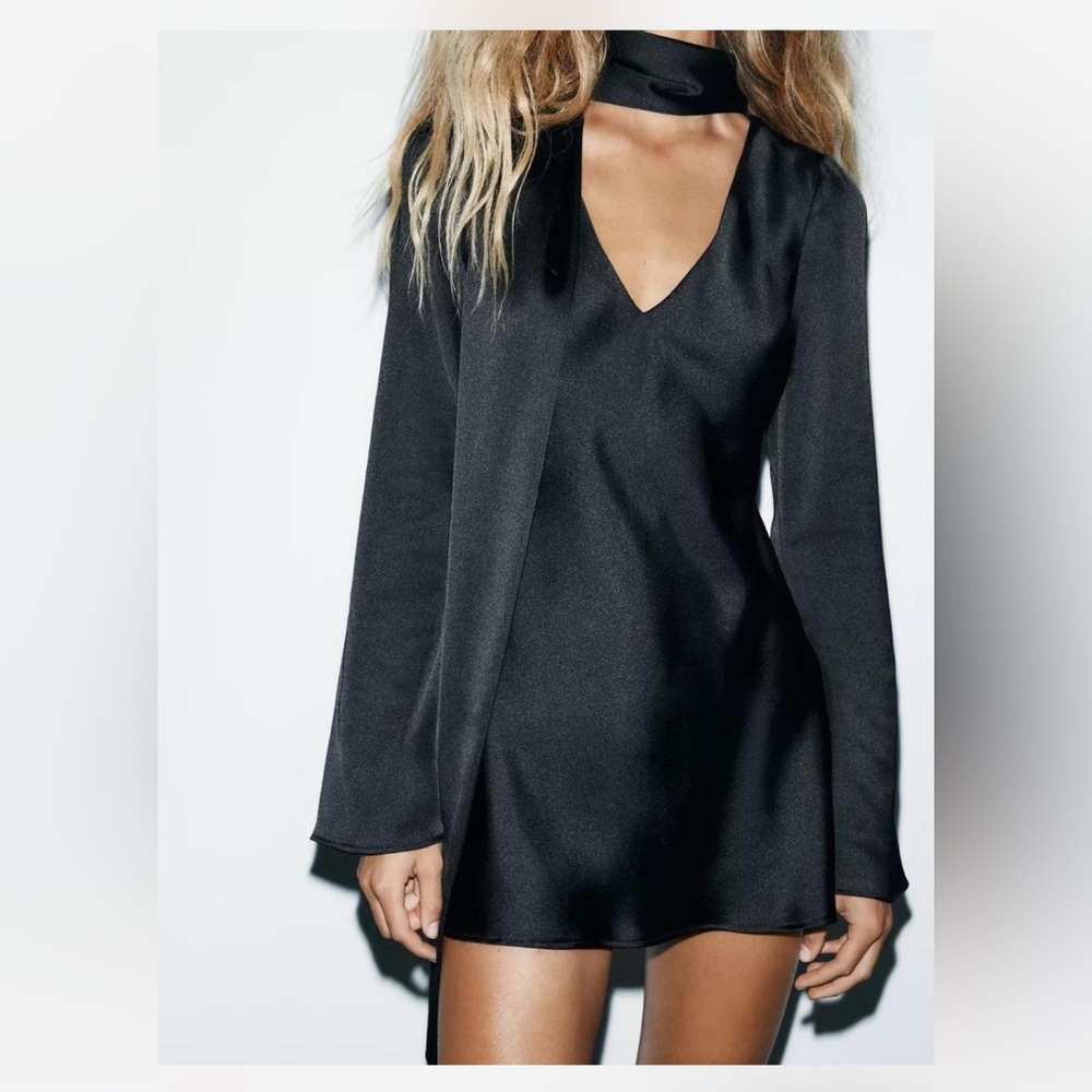 Zara black mini dress with long sleeves and scarf!
